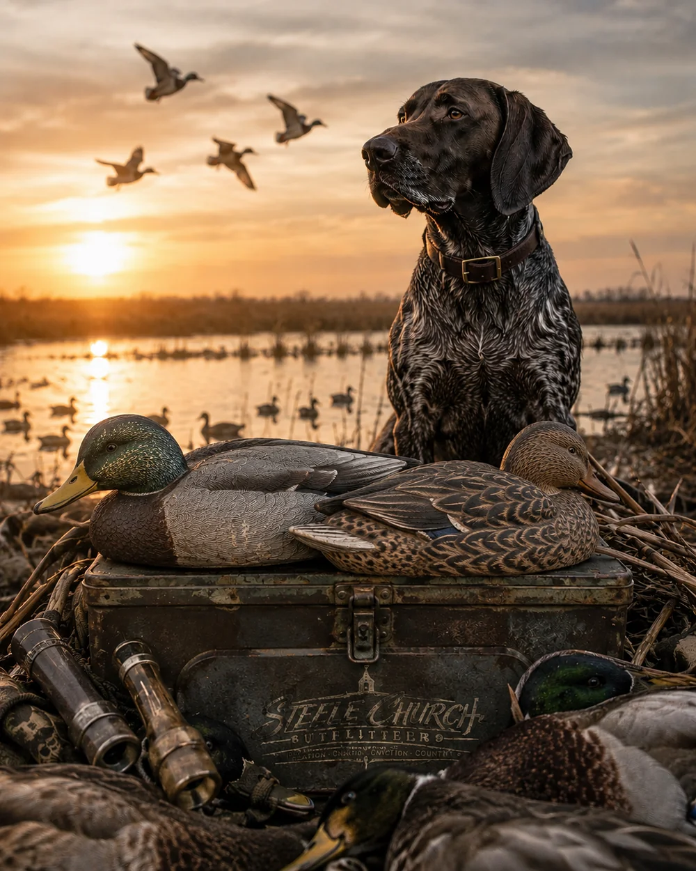 A hunting dog at sunrise beside mallard decoys on a Steele Church Outfitters box