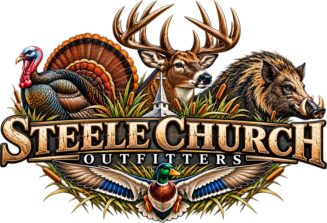 Steele Church Outfitters crest with a turkey, whitetail buck, wild boar, and mallard